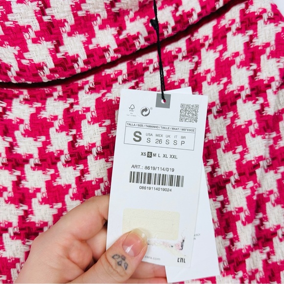 ZARA Tweed Textured Weave Houndstooth Faux Wrap Slit Midi Skirt Raspberry Pink S - Picture 13 of 16
